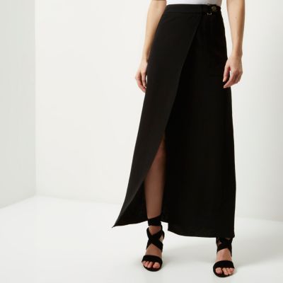 Black wrap front belted maxi skirt